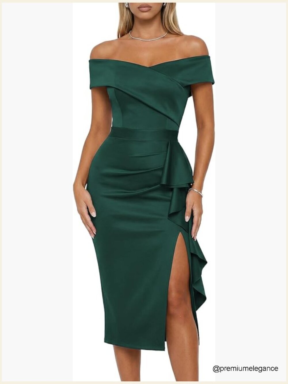 Off Shoulder Bodycon Midi Dress Built-in Bra Ruched Side Slit Elegant Cocktail